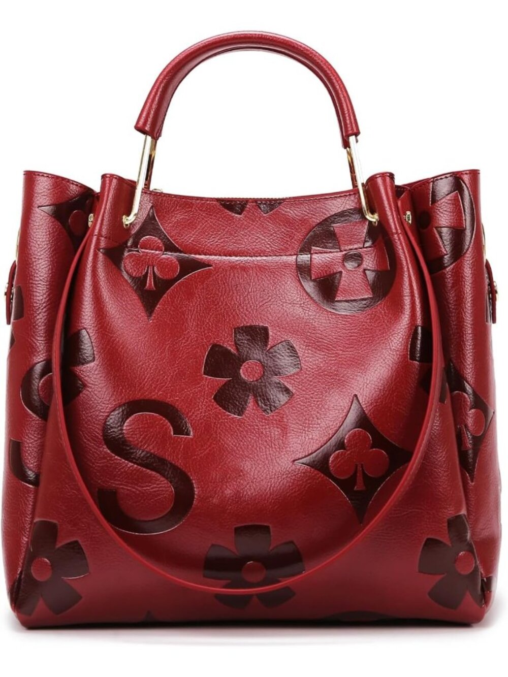 Floral Embossed Vegan Leather Handbag Set - Large Shoulder & Bucket Tote for